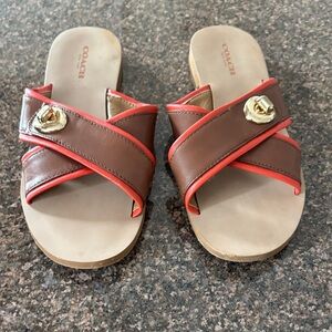 Coach Ladies Brown Red Cross-Strap Turn Lock Sandals-6